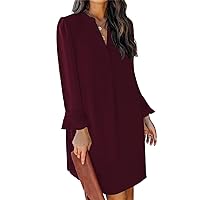 QACOHU Dresses for Women 2024 V Neck Spring Summer Ruffle Long Sleeve Simple Casual Loose Flowy Autumn Winter Shift Dress