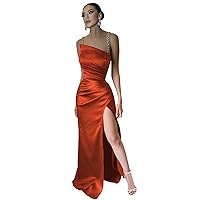Satin Mermaid Prom Dresses for Women Long Spaghetti Straps Beaded Ruched Formal Evening Gowns with Slit