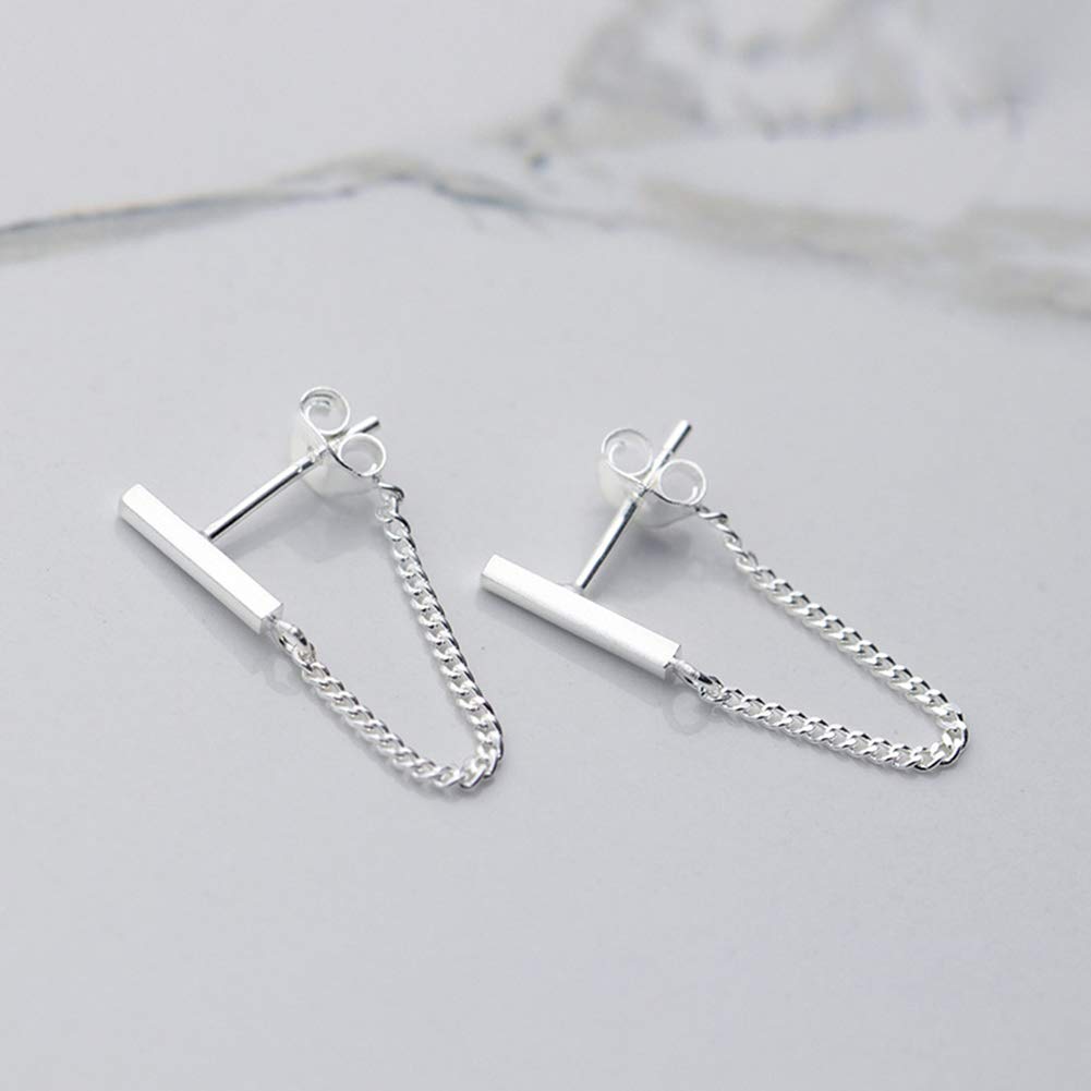 Minimalist Bar Earrings with Chain Dangle Earrings 925 Sterling Silver Stud Earrings