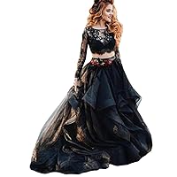 2022 Long Sleeve A-Line Black Lace Two Piece Tulle Wedding Dress Bridal Ball Gown Plus Size