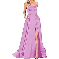 Women's Satin Prom Dresses Long Ball Gown with Slit Backless Spaghetti Straps Halter Formal Evening Party Dress