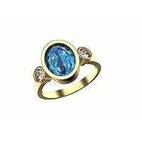 2 Ctw Natural Oval Blue Topaz And Diamond Ring In 14k Solid Gold For Girls And Women 5x7 MM Topaz And 2.2 MM Diamond