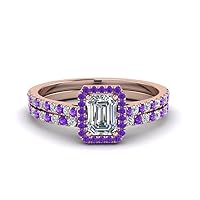 Choose Your Gemstone French Pave Halo Diamond CZ Bridal Set Rose Gold Plated Emerald Shape Wedding Ring Sets Matching Jewelry Wedding Jewelry Easy to Wear Gifts US Size 4 to 12