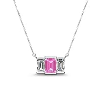 Emerald Cut (6x4 mm) Pink Sapphire & Natural Diamond 1 3/8 ctw Women Three Stone Pendant Necklace 14K Gold