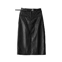 Genuine Leather Long Skirt for Women, Sheepskin Wrap Long Skirt Belt Mid Length Front Slit Mid-Calf Dress
