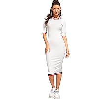 Women's Dress Striped Rib Knit Bodycon Dress Women's Dress (Color : White, Size : Large)