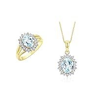 Rylos Women's Yellow Gold Plated Silver Princess Diana Ring & Pendant Set. Gemstone & Diamonds, 9X7MM Birthstone. 2 PC Perfectly Matched Friendship Jewelry.