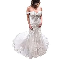 Off Shoulder Corset Mermaid Bridal Gowns Train Lace Appliques Wedding Dresses for Bride 2021