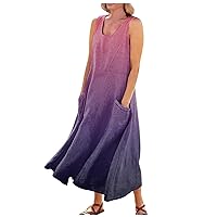 2024 Fashion Gradient Color Maxi Casual Dress,Summer Cami Flowy Dress Plus Size U Neck Beach Loose Tshirt Dress with Pockets
