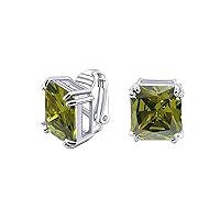 Traditional Classic Large Statement 7CT Emerald Cut AAA CZ Solitaire Clip On Stud Earrings For Women Silver Plated Non Pierced Simulated Gemstone Jewel Colors 14MM