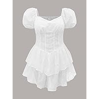 Prom Dress Plus Puff Sleeve Sweetheart Neck Layered Hem Eyelet Embroidered Dress (Color : White, Size : X-Large)