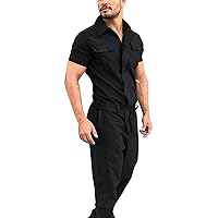 Trousers for Men Summer Short-Sleeved Jumpsuit Tooling Lace-up Zipper Rompers Pants with Pockets