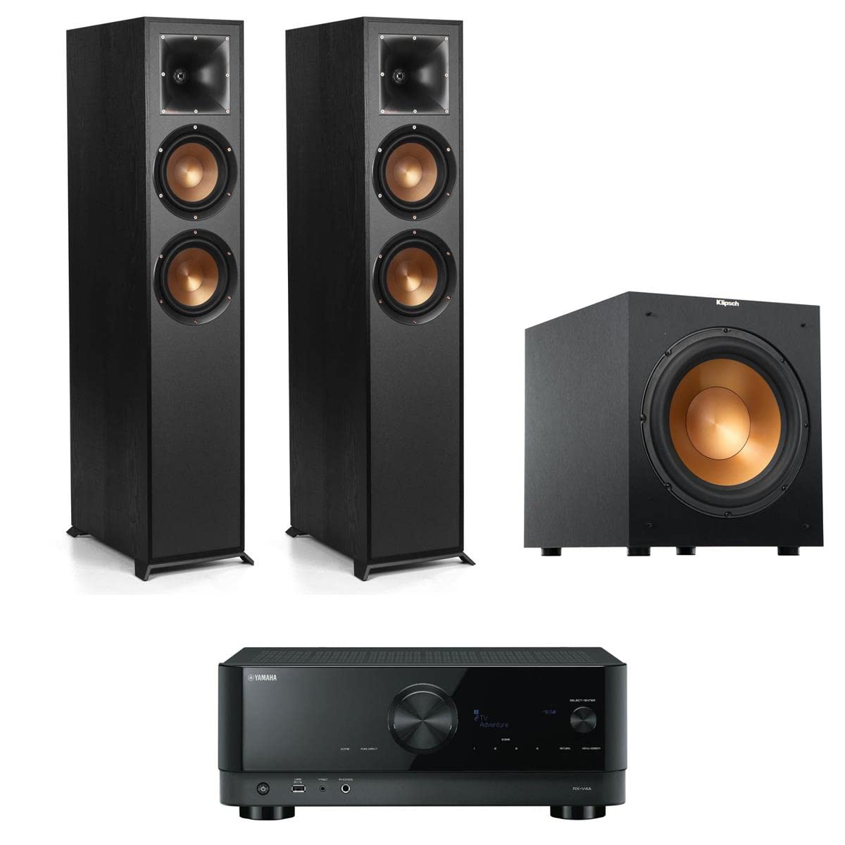 Klipsch Reference 2.1 Home Theater System with 2X R-620F Floorstanding Speaker, R-12SW Subwoofer, Yamaha RX-V4A 5.2 Receiver, Black