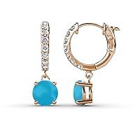 Round Turquoise & Diamond 1.52 ctw Women Dangle Huggie Hoop Earrings 14K Gold