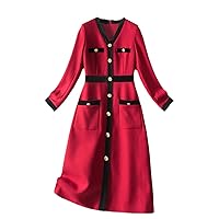 Autumn Winter Color Block Dress Women Long Sleeve Elegant Designer Buttons Straight Red Party Dresses