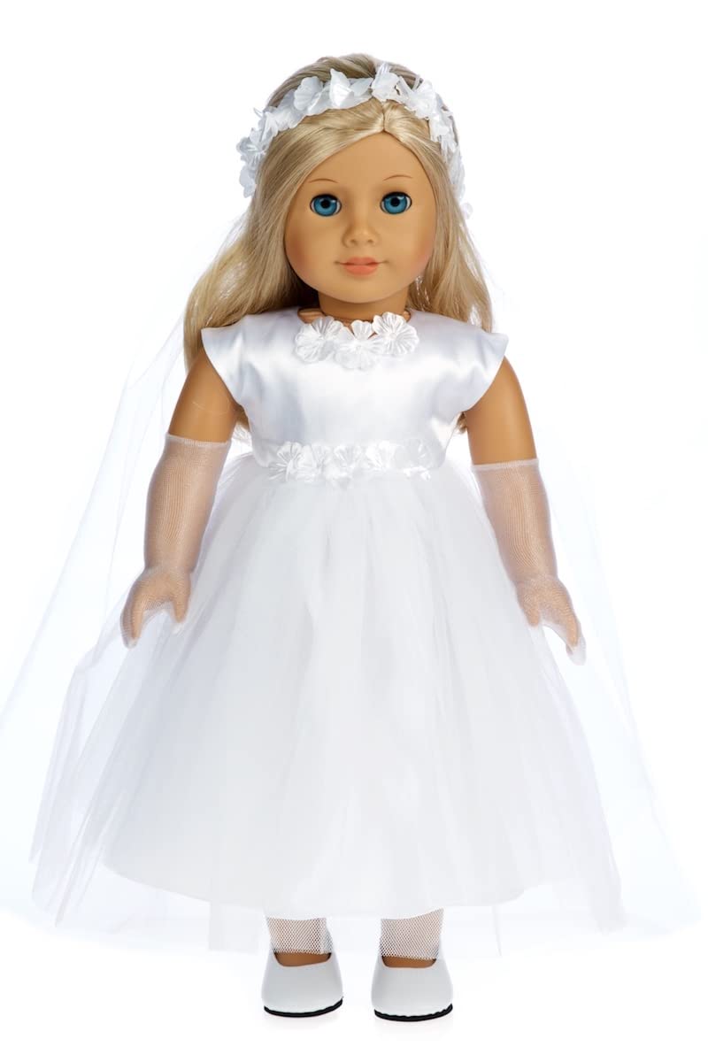 Little Angel - 4 Piece 18 inch Doll Outfit - White Satin and Tule First Communion Dress with Long Gloves, Veil and White Shoes (Doll not Included)