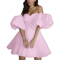 ZSHAOLHYJYZS Women's Off Shoulder Puffy Sleeve Organza Satin Homecoming Dress Short Prom Dresses Formal Dress for Evening Pink Size 0