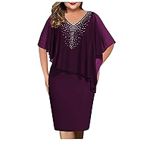 Women's Fall Dresses 2023 Plus Size V Neck Overlay Asymmetric Buttock Dress Chiffon Sequins-5Xl Sweaters, S-5XL