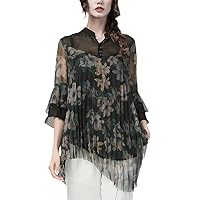 Long Pleated Chiffon Floral Blouse Women Autumn 3/4 Sleeve Loose Plus Size Shirt Vintage Gray Flowers Print Top