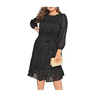 Plus Size Long Sleeve Party Dress Women Tie Waist Black Formal Evening Dress Midi Dress