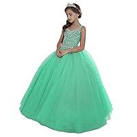 Girl's Off Shoulder Long Pageant Dresses Princess Tulle Beaded Straps Birthday Party Dress Mint