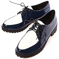 Womens Round Toe Lace Up Flats Oxfords Two Tone Vintage Chunky Low Heel Dress Walking Shoe Oxford