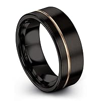Tungsten Wedding Band Ring 8mm for Men Women 18k Rose Yellow Gold Plated Flat Cut Off Set Line Black Brushed Polished
