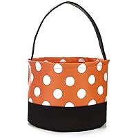 Halloween Trick or Treat Bags - Kids Candy Bucket Tote Bag - Orange Black White Polka Dots - Basket 6.75 Tall x 9 inches Diameter