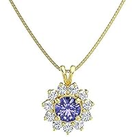 Beautiful Round Shape Created Tanzanite & Cubic Zirconia 925 Sterling Sliver Halo Cluster Pendant Necklace for Women's,Girls 14K White/Yellow/Rose Gold Plated