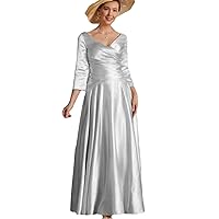 A Line Woven Satin Ruched Evening Gown V-Neck 3/4 Sleeves Mother of The Bride Dresses