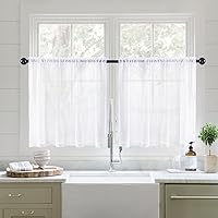MIULEE White Sheer Kitchen Curtains 24 Inches Length Half Window Curtain for Bathroom Cafe, Rod Pocket Short Curtain Tiers Linen Textured Light Filtering Drapes 2 Panels W54 x L24