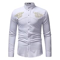 White Mandarin Collar Dress Shirt Men Embroidery Shirt Slim Fit Long Sleeve Wedding Party Prom Shirt for Male