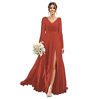 Women's Chiffon Bridesmaid Dresses 2024 Long Sleeve V Neck with Slit Pleated Formal Evening Gowns with Pockets