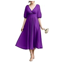 Chiffon Mother of The Bride Dress for Women Tea Length Half Sleeve Prom Formal Dress with Pocket MM02