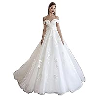 Lace Train Wedding Dress for Bride A Line Applique Bride Dress Long Tulle Off The Shoulder Bride