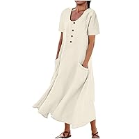 Women's Summer Cotton Linen Short Sleeve Dress Scoop Neck Button Loose Fit Casual Flowy Beach Maxi Dresses with Pockets