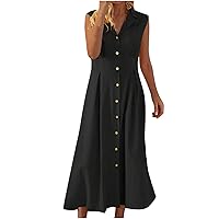 XUNRYAN Womens Cotton Linen Dresses Sleeveless Summer Casual Button Down Collared Blouse Shirt Dress High Waist Maxi Dress