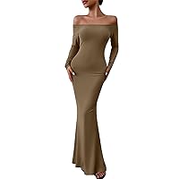 Party Dresses for Women UK Solid Color Sexy Slim Fit Classic Off The Shoulder with Long Sleeve Maxi Pencil Dress
