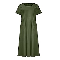 Women Loose Cotton Linen Dress Pleated Cap-Sleeve Swing House Dress with Pockets Midi Beach Dresses Flowy Sun Dress