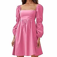 EXLURA Womens Square Neck Dress Long Puff Sleeve A-Line Casual Short Mini Dress