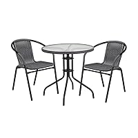 Flash Furniture 3-Piece Patio Dining Set with Round Glass Metal Table and 2 Stackable Rattan Chairs, Indoor/Outdoor Bistro Table and Chairs Set, Gray