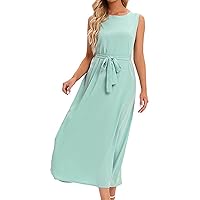 Women's Sleeveless Maxi Dress Plain Self Tie Creweck Casual Dress Loose High Waist Long Dress Swing A Line Cocktail Dress(,)