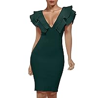 UONBOX Women's Ruffle Short Sleeve Plunge V Neck Bodycon Dress Back Split Bandage Party Club Dress