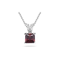 January Birthstone - Garnet Scroll Solitaire Pendant AAA Princess Shape in 14K White Gold Available from 5mm - 8mm