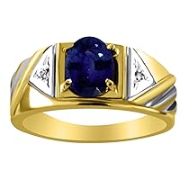 Rylos Mens Rings 14K Yellow Gold - Mens Simulated Sapphire & Diamond Ring Band 8X6MM Color Stone Gemstone Rings For Men Mens Jewelry Gold Rings