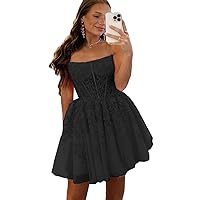 Women's Strapless Lace Applique Prom Homecoming Dresses Short Lace Up Back Mini Junior Party Gown