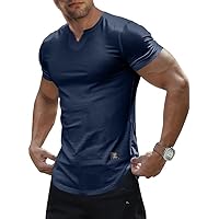 Mens Muscle Slim T Shirt V-Neck Longline Henley Shirt Gym Workout Athletic Tee Shirts