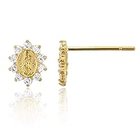 14K Yellow Gold Micropave Religious Cubic Zirconia Stud Earring