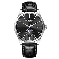 GUANQIN Men's Business Watch, Analog Automatic Mechanical Watch, Men's Stainless Steel, Leather, Sapphire Crystal, Male Watch, Calendar, Moon Phase Luminous, Multi-functional Waterproof, silver black leather