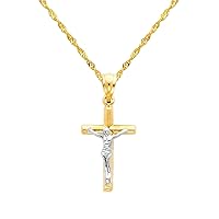 The World Jewelry Center 14k Two Tone Gold Jesus Cross Religious Pendant with 1.2mm Singapore Chain Necklace